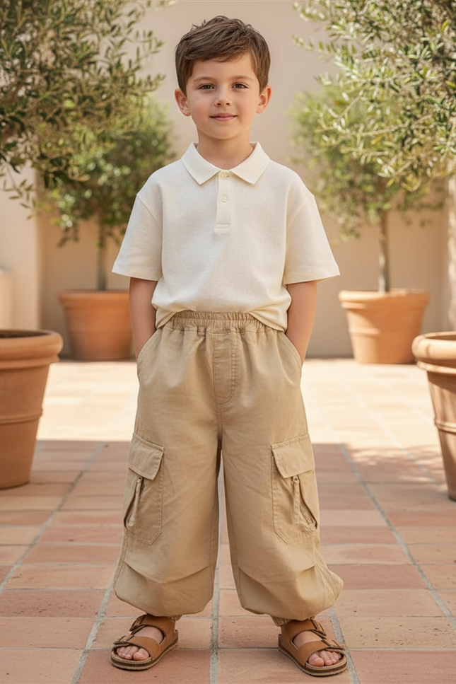 Pantalon En Lin Cargo Beige Ample Garçon Décontracté
