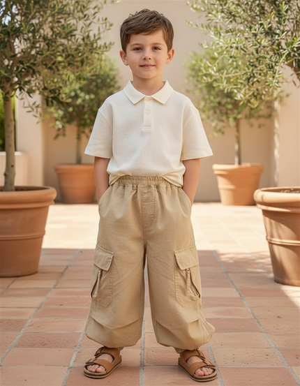 Pantalon En Lin Cargo Beige Ample Garçon Décontracté