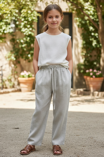 Pantalon En Lin Gris Clair Ample Décontracté Enfant