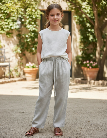 Pantalon En Lin Gris Clair Ample Décontracté Enfant