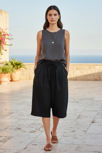 Pantalon En Lin Noir Ample Décontracté Confortable Cordon