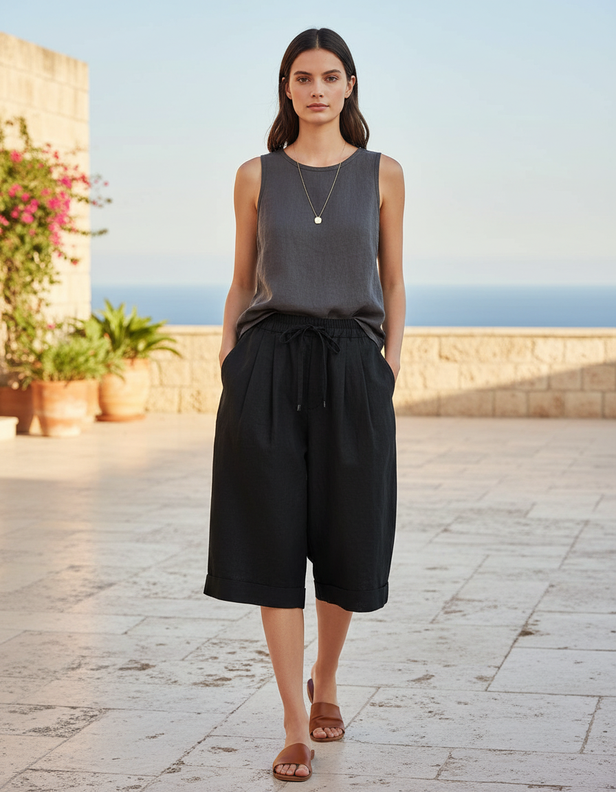 Pantalon En Lin Noir Ample Décontracté Confortable Cordon