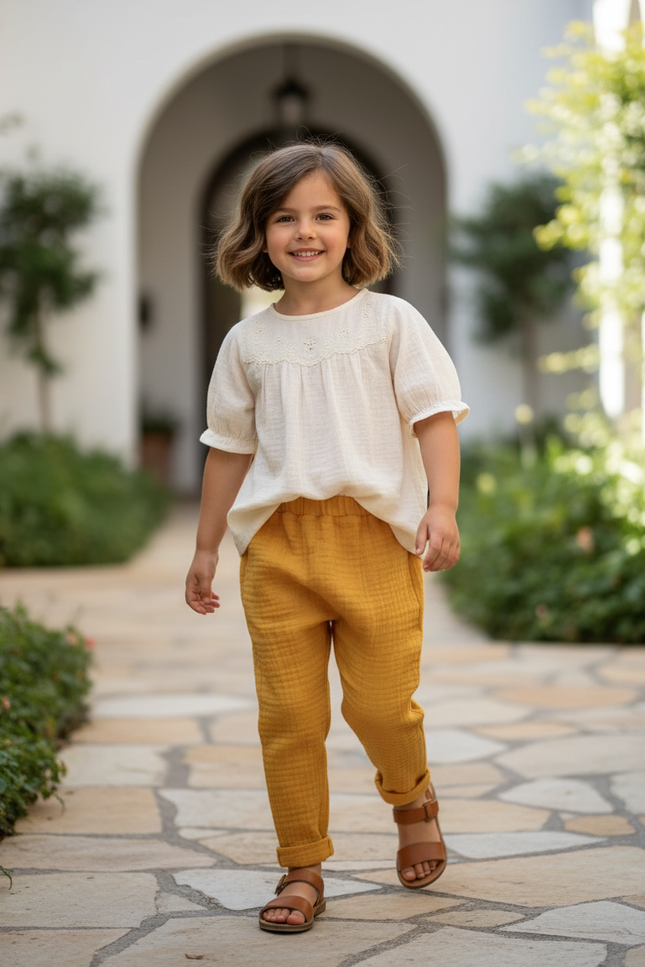 Pantalon En Lin Moutarde Gaze Ample Confortable Enfant - Jaune