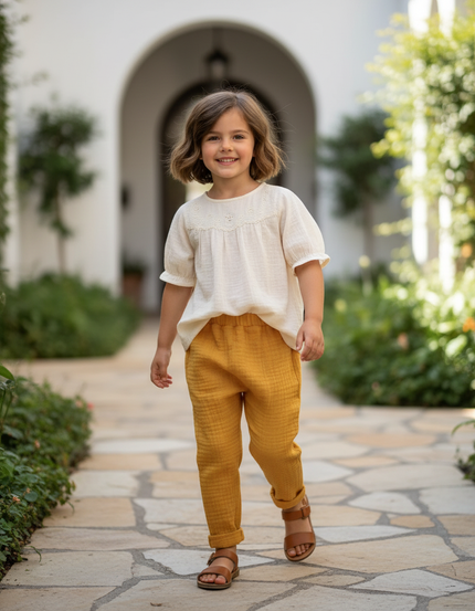 Pantalon En Lin Moutarde Gaze Ample Confortable Enfant - Jaune