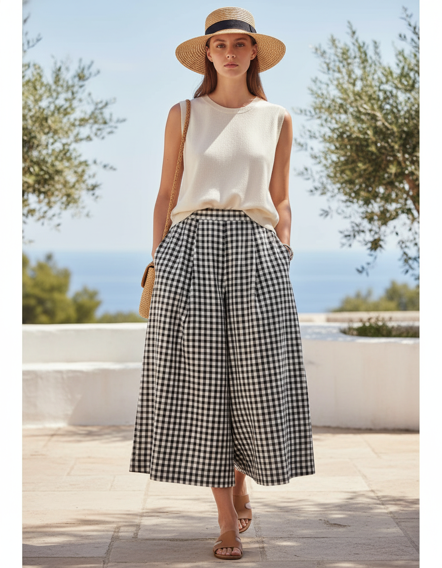 Pantalon En Lin Carreaux Vichy Ample Taille Haute Femme - Imprimé