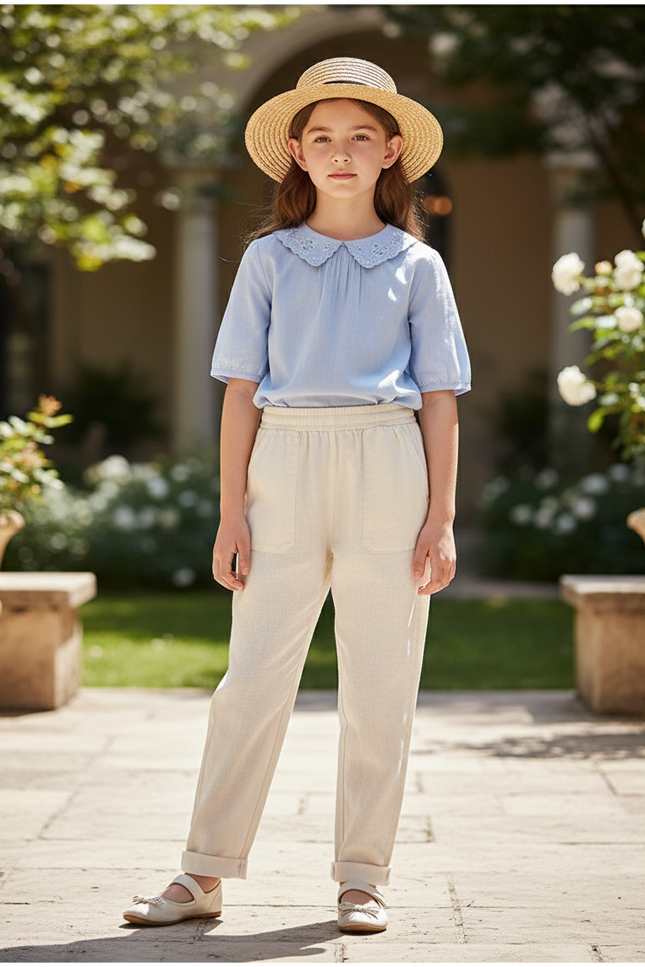 Pantalon En Lin Écru Droit Décontracté Enfant Léger - Beige