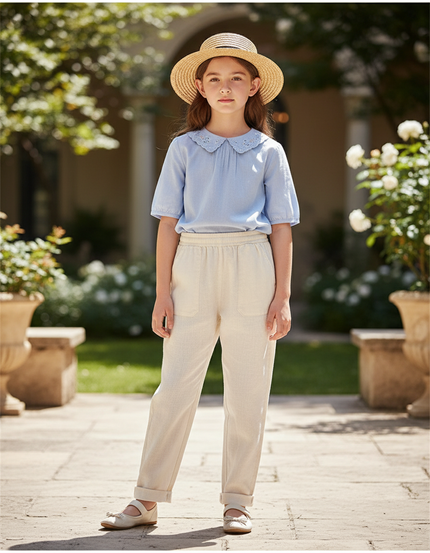 Pantalon En Lin Écru Droit Décontracté Enfant Léger - Beige