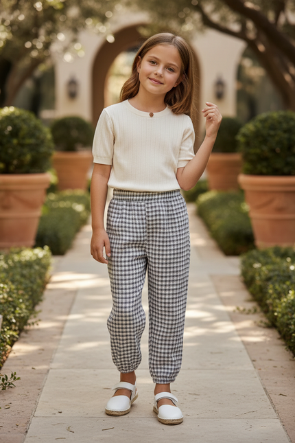 Pantalon En Lin Carreaux Vichy Élastiqué Fille Décontracté - Imprimé