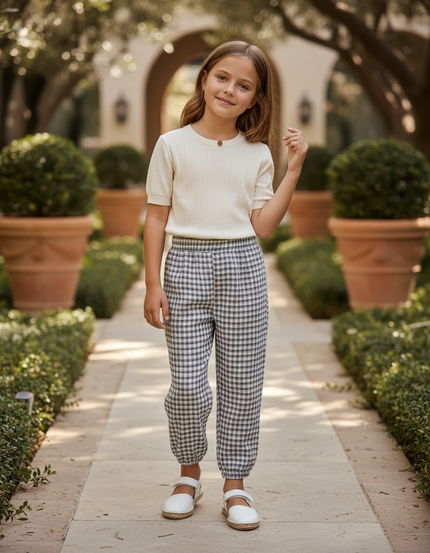 Pantalon En Lin Carreaux Vichy Élastiqué Fille Décontracté - Imprimé