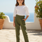 Pantalon En Lin Vert Militaire Plissé Taille Haute Fille - Kaki