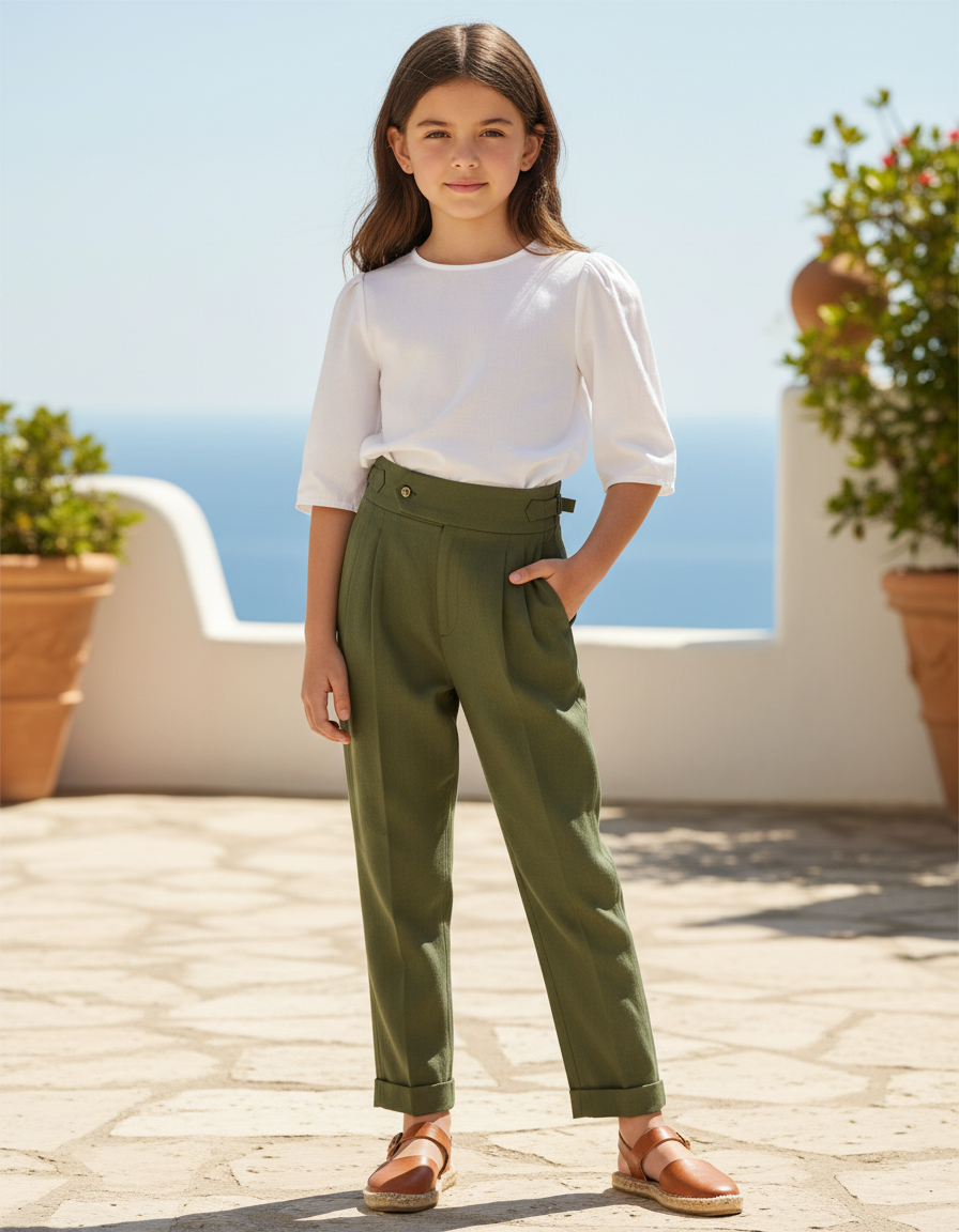 Pantalon En Lin Vert Militaire Plissé Taille Haute Fille - Kaki