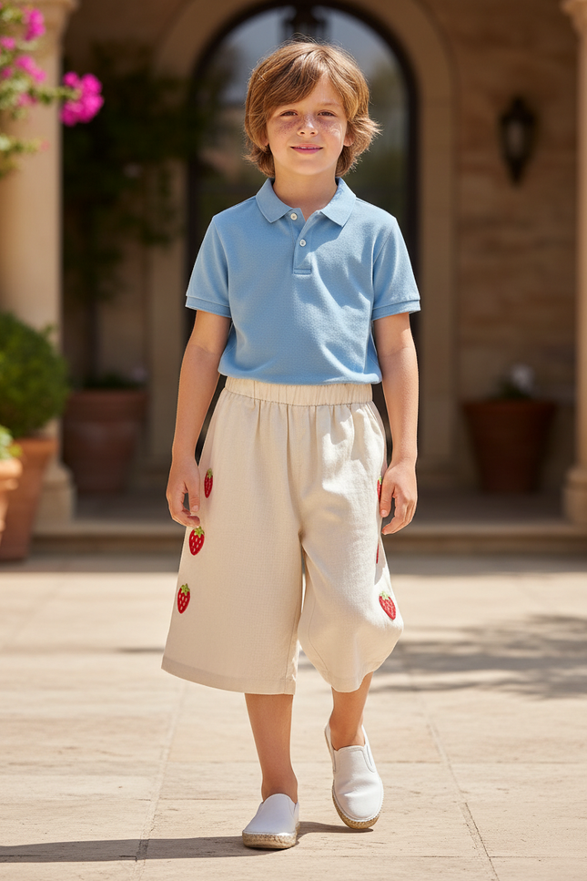Pantalon En Lin Écru Brodé Fraises Ample Estival - Beige