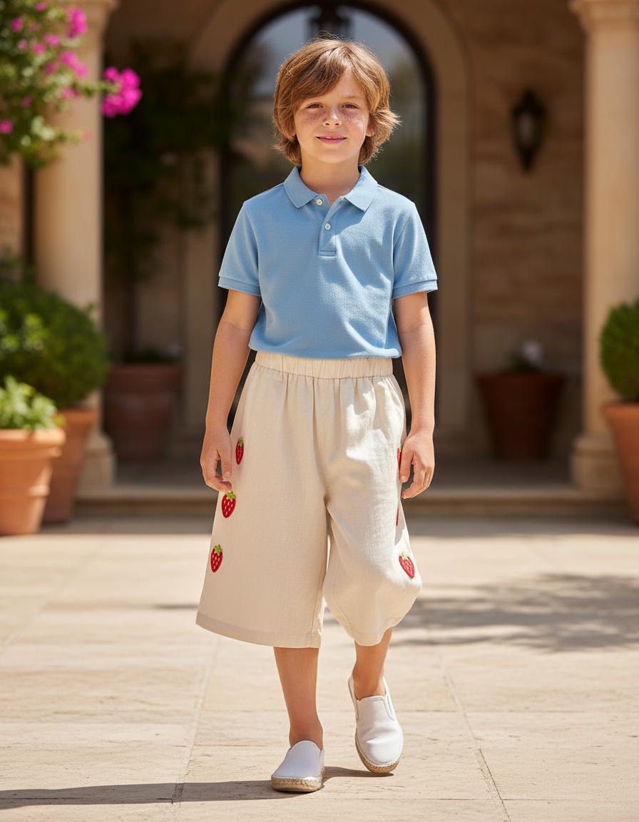 Pantalon En Lin Écru Brodé Fraises Ample Estival - Beige