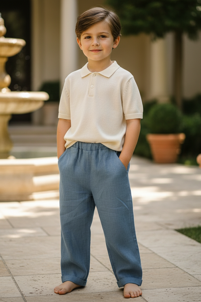 Pantalon En Lin Bleu Droit Ample Élastique Enfant