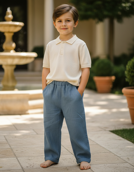 Pantalon En Lin Bleu Droit Ample Élastique Enfant