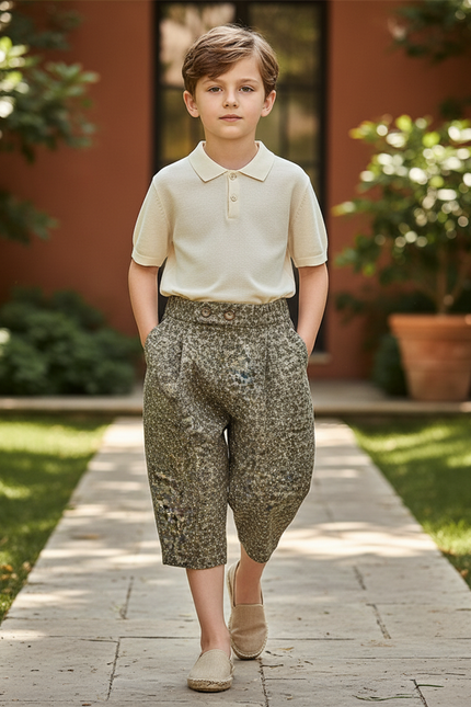 Pantalon En Lin Ample Vert Imprimé Décontracté Enfant - Kaki Tweed