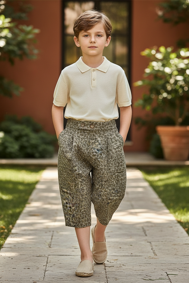 Pantalon En Lin Ample Vert Imprimé Décontracté Enfant - Kaki Tweed