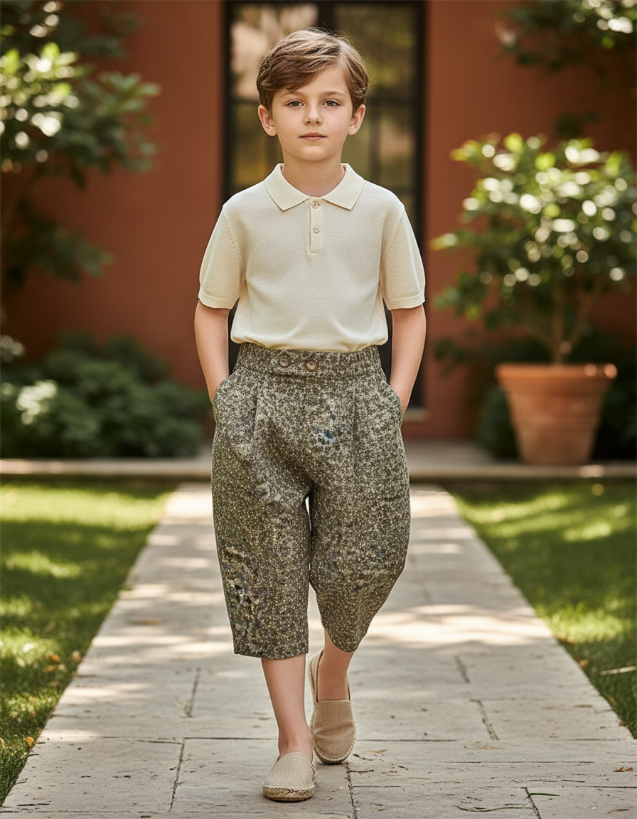 Pantalon En Lin Ample Vert Imprimé Décontracté Enfant - Kaki Tweed