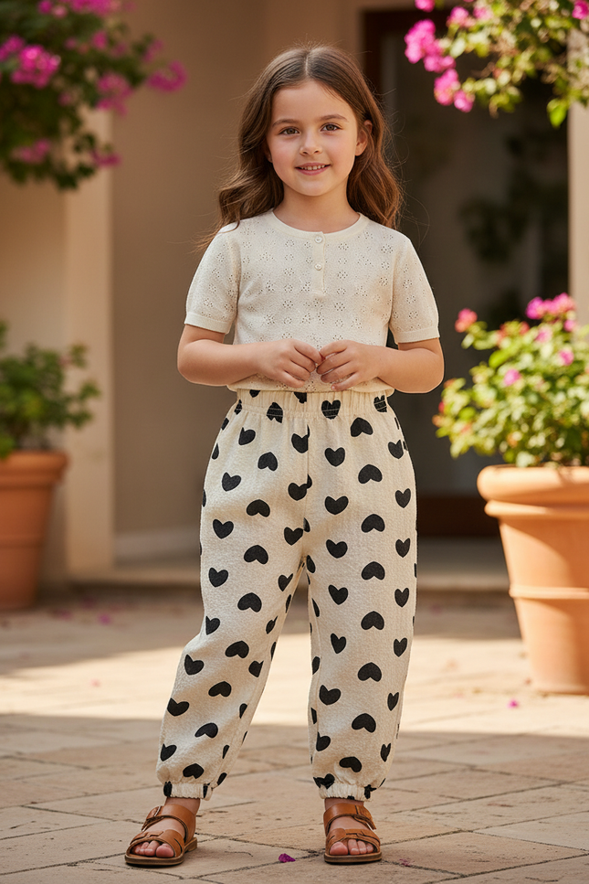 Pantalon En Lin Écru Cœurs Noirs Ample Élastique Fille - Beige