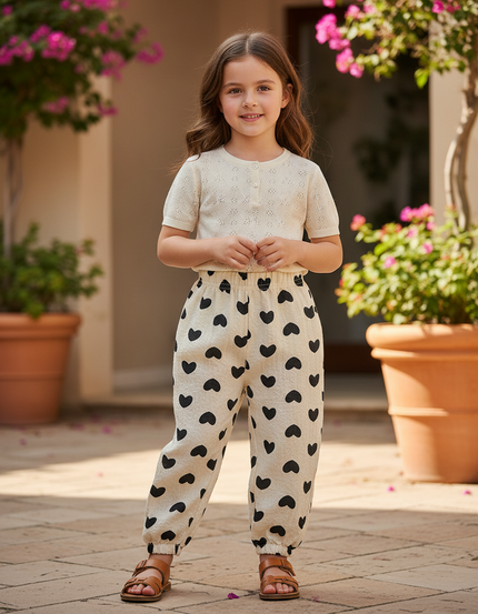 Pantalon En Lin Écru Cœurs Noirs Ample Élastique Fille - Beige
