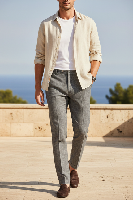 Pantalon En Lin Gris Droit Élégant Texturé Homme