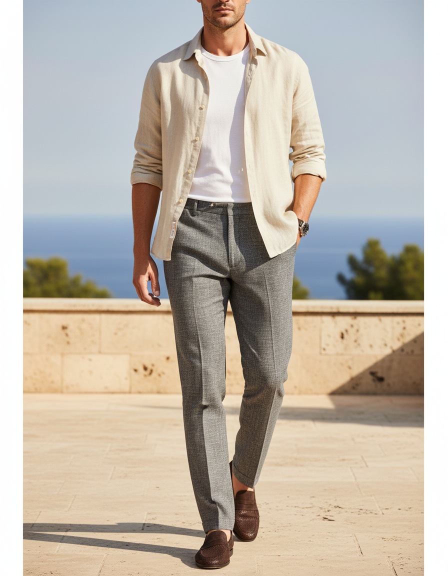 Pantalon En Lin Gris Droit Élégant Texturé Homme