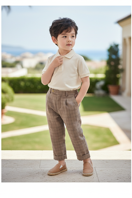 Pantalon En Lin Carreaux Marron Plissé Garçon Élégant