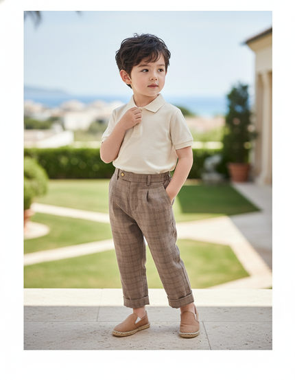 Pantalon En Lin Carreaux Marron Plissé Garçon Élégant