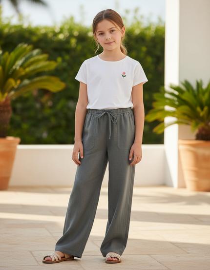 Pantalon En Lin Gris Ample Cordon Fille