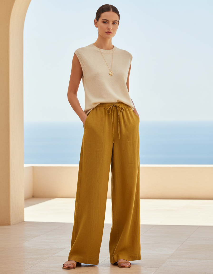 Pantalon En Lin Ample Jaune Moutarde Fluide Décontracté