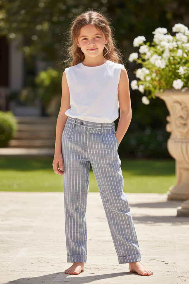 Pantalon En Lin Rayé Bleu Coton Décontracté Droit Enfant