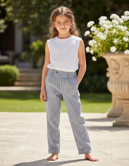 Pantalon En Lin Rayé Bleu Coton Décontracté Droit Enfant