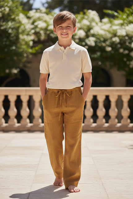 Pantalon En Lin Ample Cordon Marron Décontracté Enfant - Camel