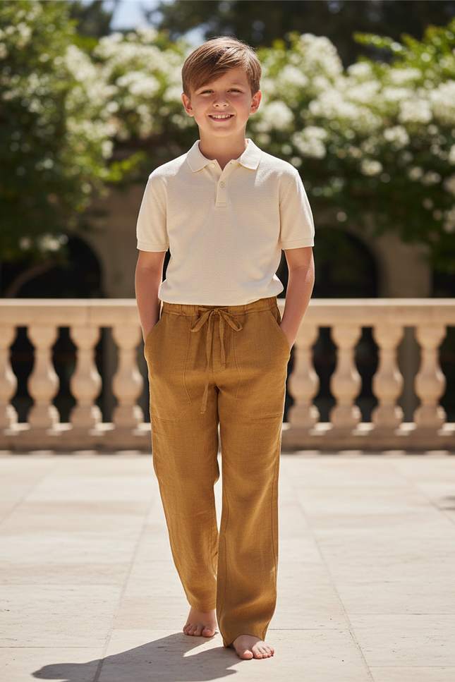 Pantalon En Lin Ample Cordon Marron Décontracté Enfant - Camel