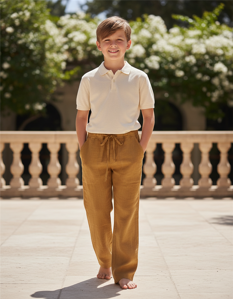 Pantalon En Lin Ample Cordon Marron Décontracté Enfant - Camel