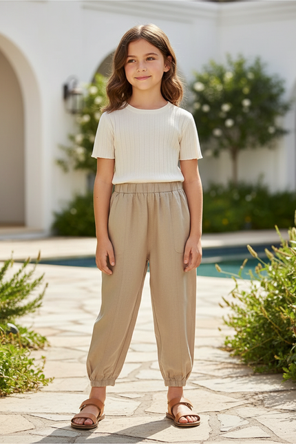 Pantalon En Lin Beige Ample Confortable Enfant Léger