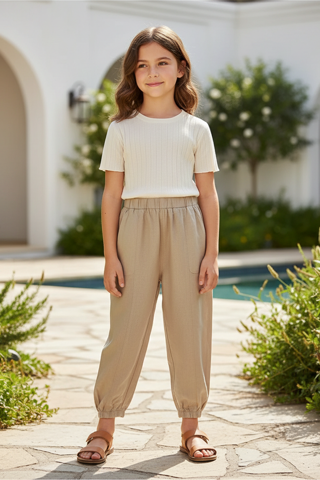Pantalon En Lin Beige Ample Confortable Enfant Léger