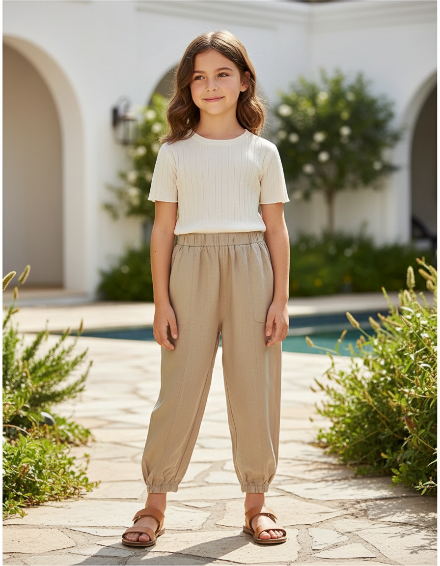 Pantalon En Lin Beige Ample Confortable Enfant Léger