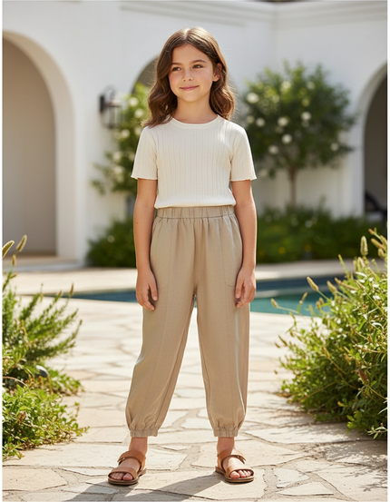 Pantalon En Lin Beige Ample Confortable Enfant Léger