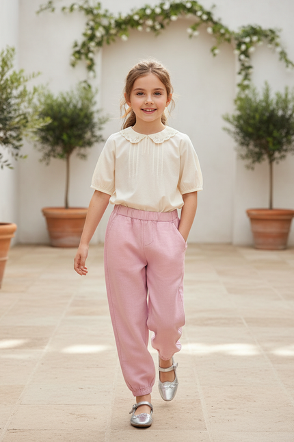 Pantalon En Lin Rose Fille Ample Décontracté Fluide