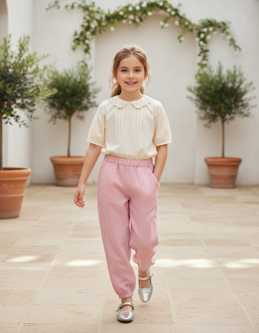 Pantalon En Lin Rose Fille Ample Décontracté Fluide