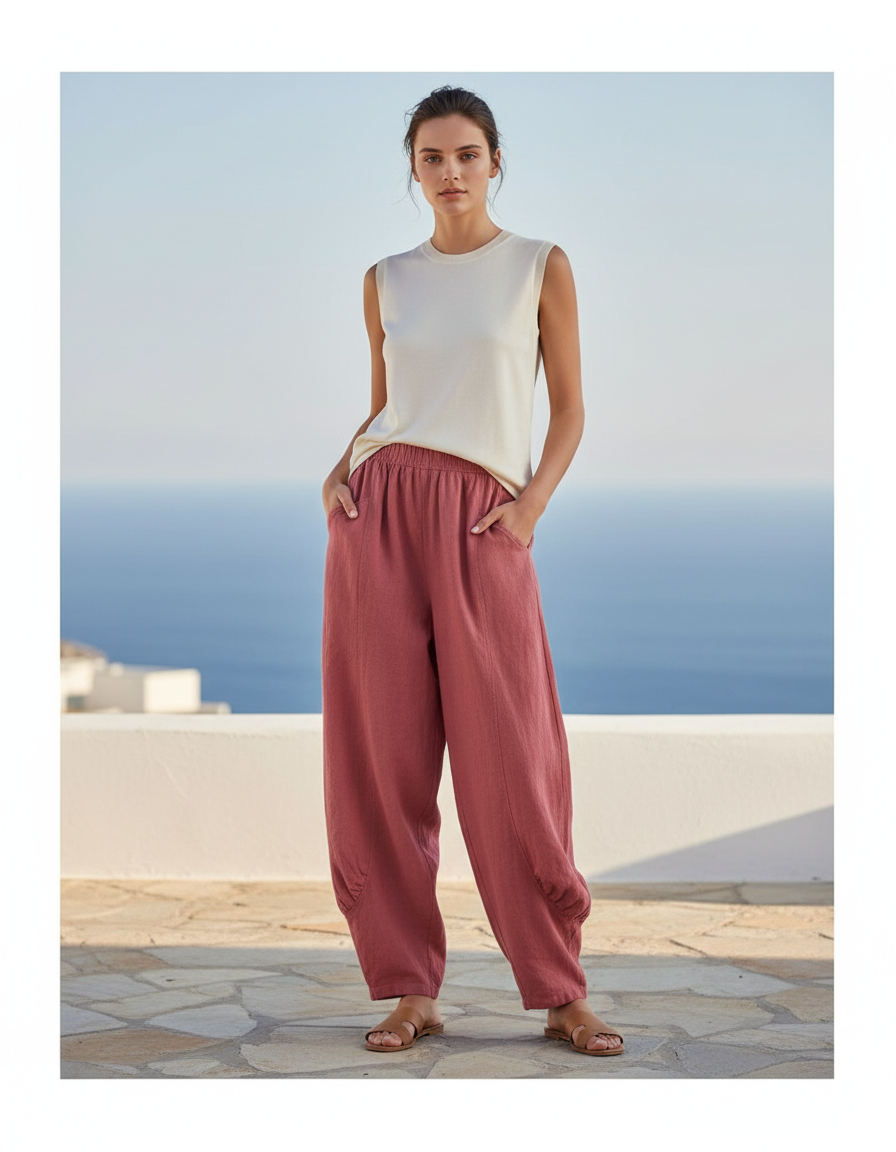 Pantalon En Lin Rose Ample Décontracté Femme