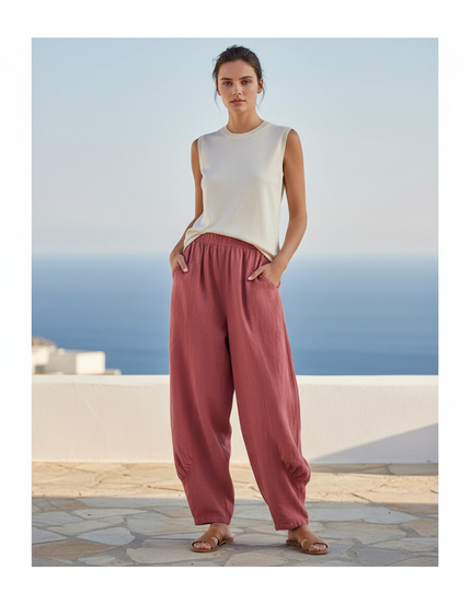 Pantalon En Lin Rose Ample Décontracté Femme