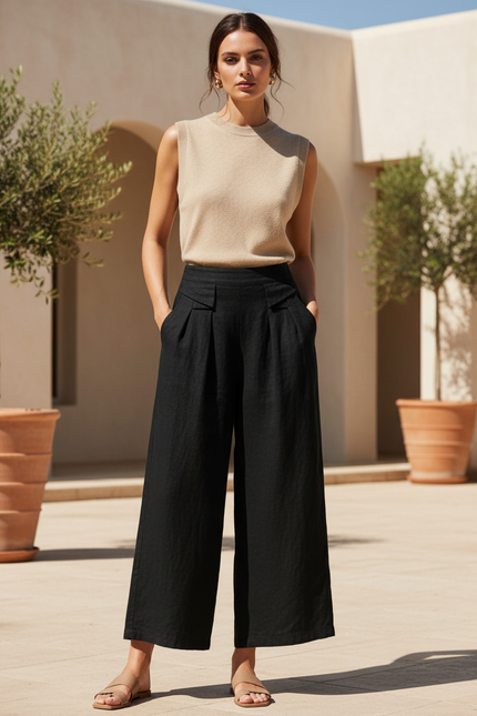 Pantalon En Lin Noir Ample Plissé Confortable Femme
