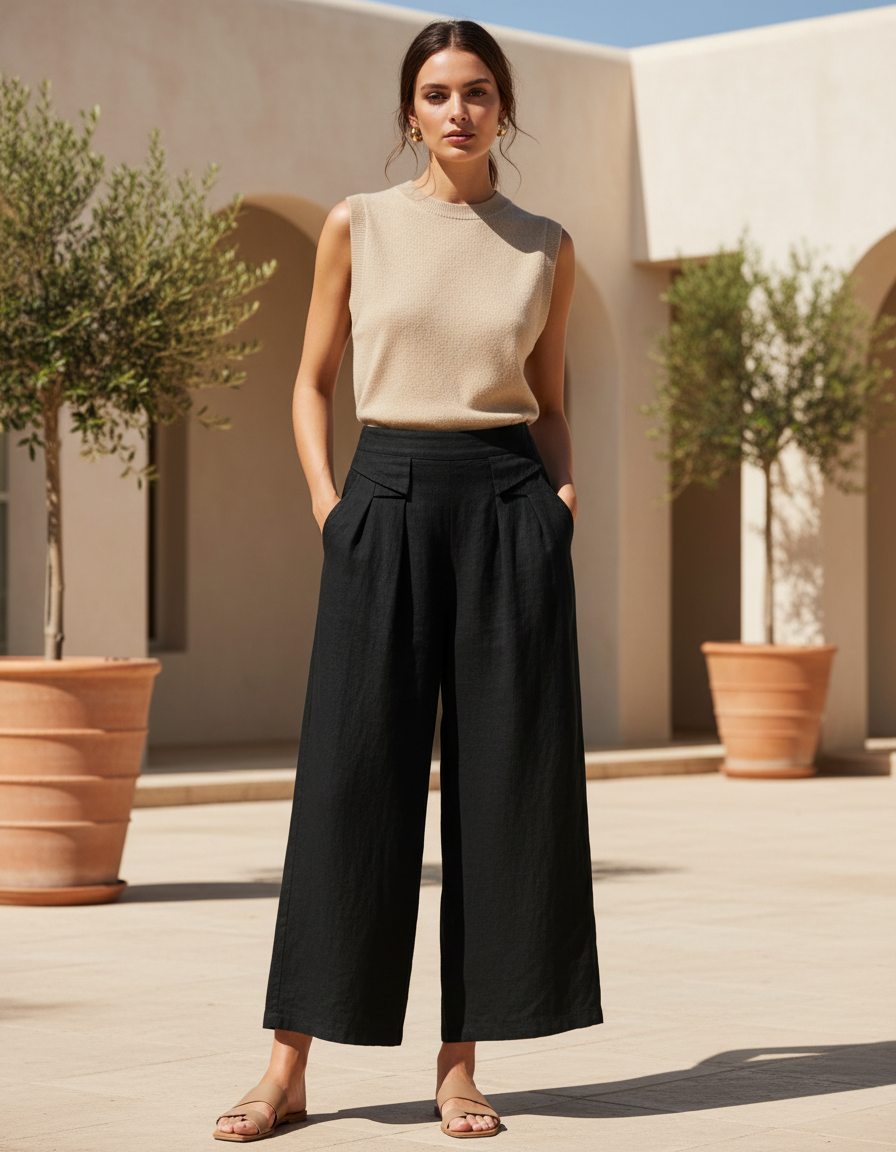 Pantalon En Lin Noir Ample Plissé Confortable Femme