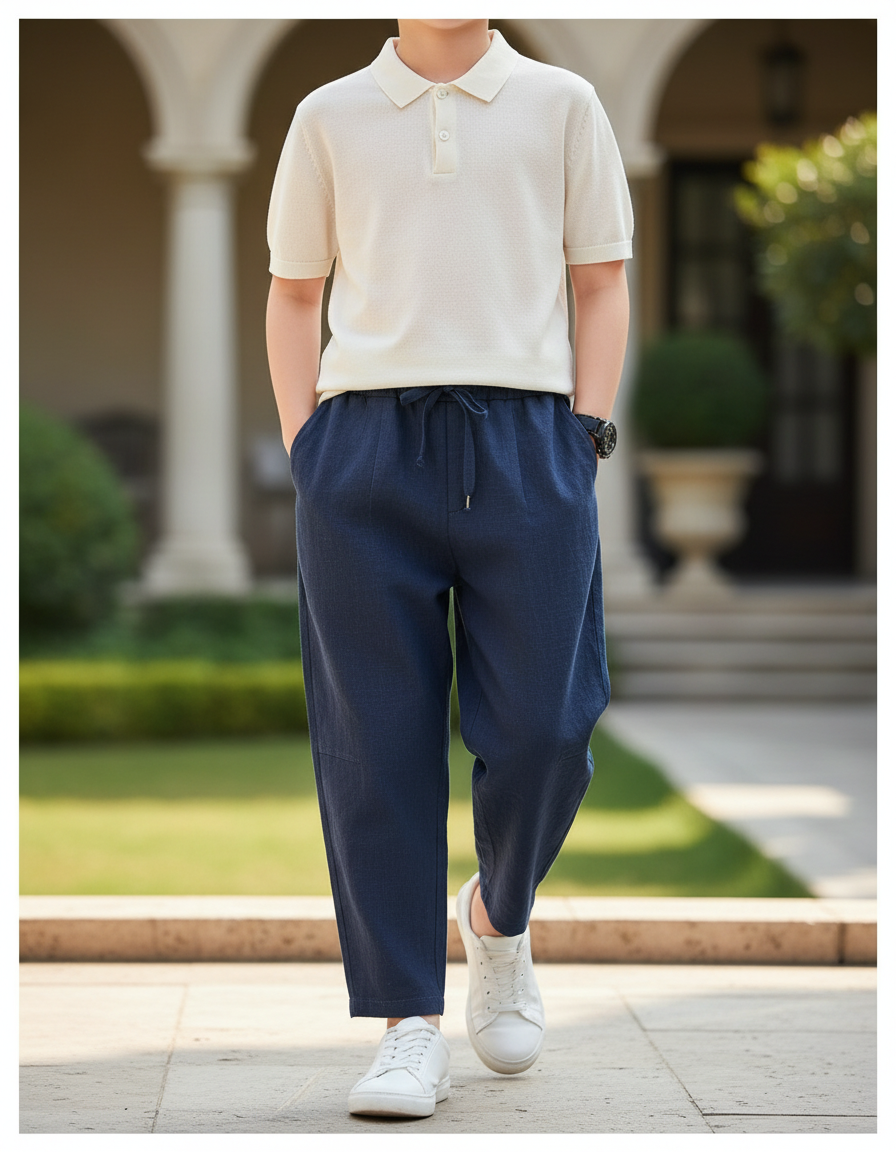 Pantalon En Lin Homme Bleu Marine Coupe Ample