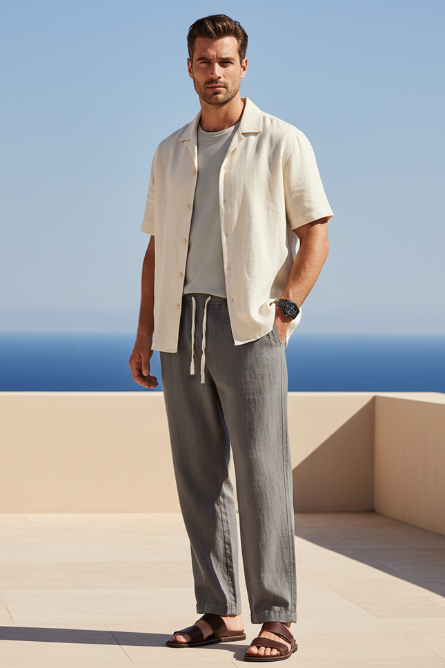 Pantalon En Lin Gris Droit Cordon Décontracté Homme