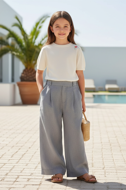 Pantalon En Lin Gris Plissé Ample Enfant Fluide