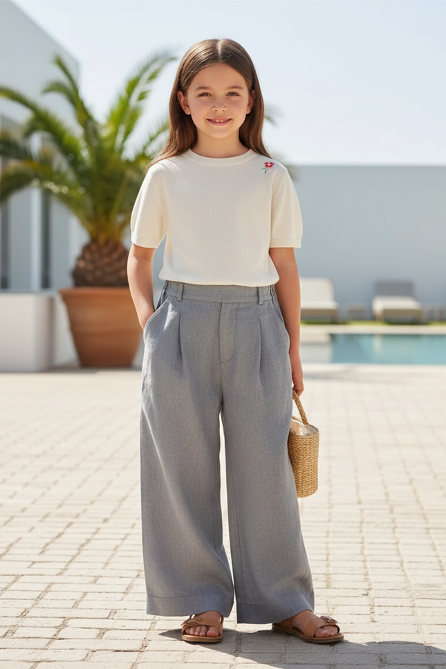 Pantalon En Lin Gris Plissé Ample Enfant Fluide