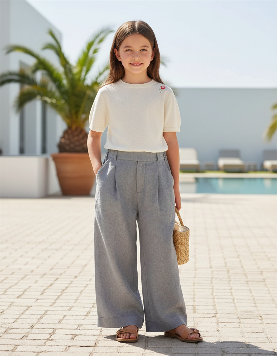 Pantalon En Lin Gris Plissé Ample Enfant Fluide